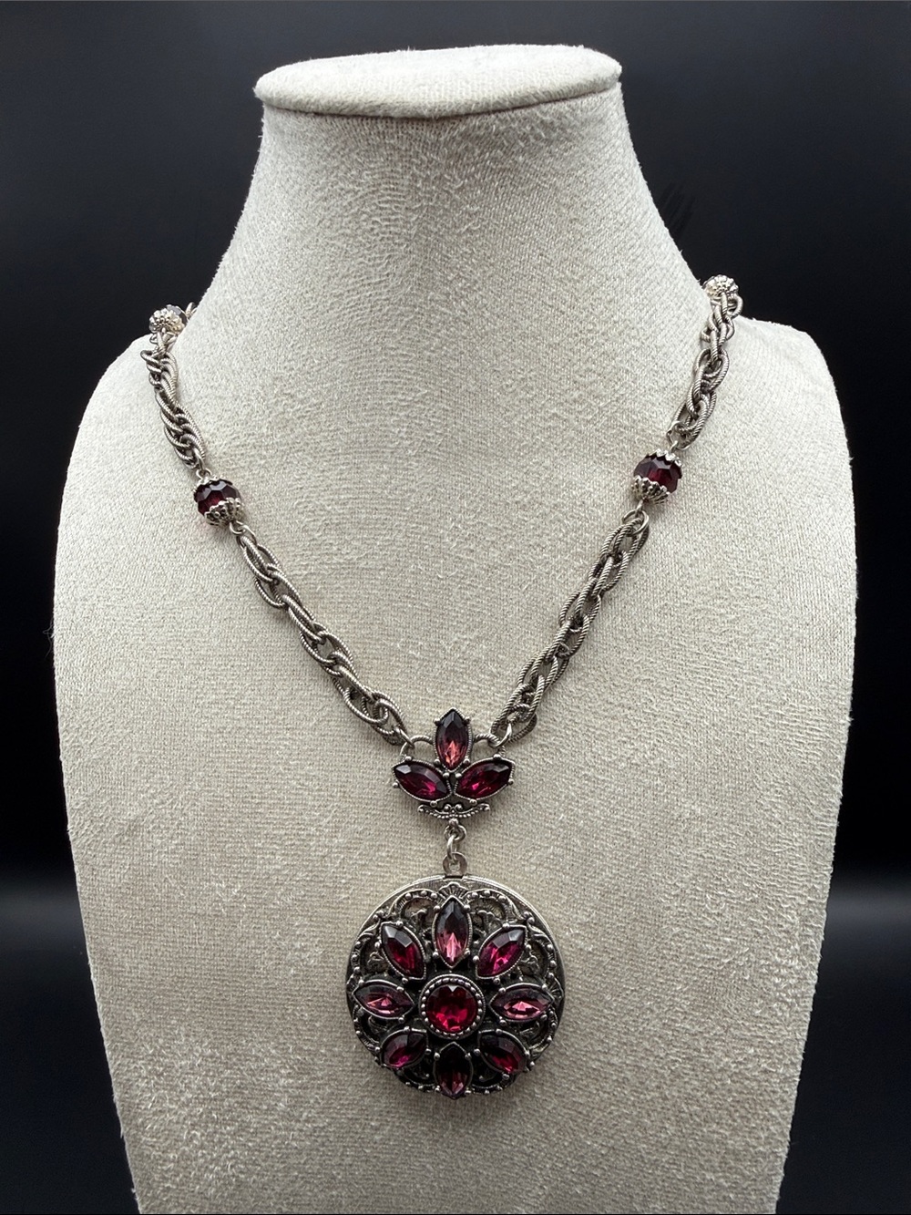 1928 Jewelry Silver Tone Ruby Pink Crystal Floral Locket Necklace 30”